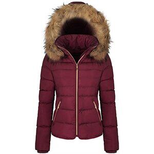 Women's Winter Quilted Puffer Coat Hooded Fleece Lined Warm Jacket, Wine Red